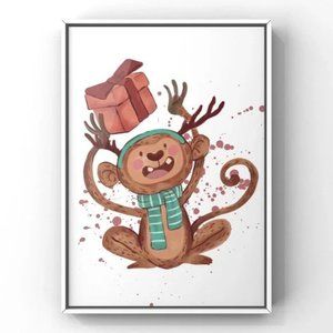 Christmas Animal Wall Art Winter Holiday Monkey with gift home decor art Print